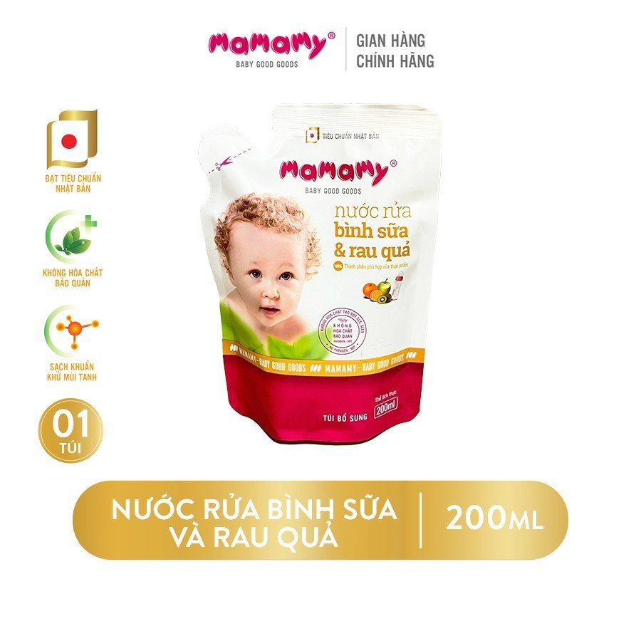 Túi Nước rửa bình sữa và rau quả lành tính Mamamy an toàn cho cả trẻ sơ sinh 200ml