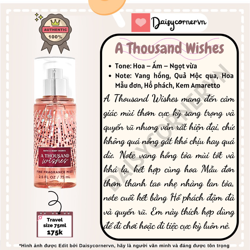 Xịt thơm Body Mist/ Shower Gel tắm A Thousand Wishes Bath & Body Works