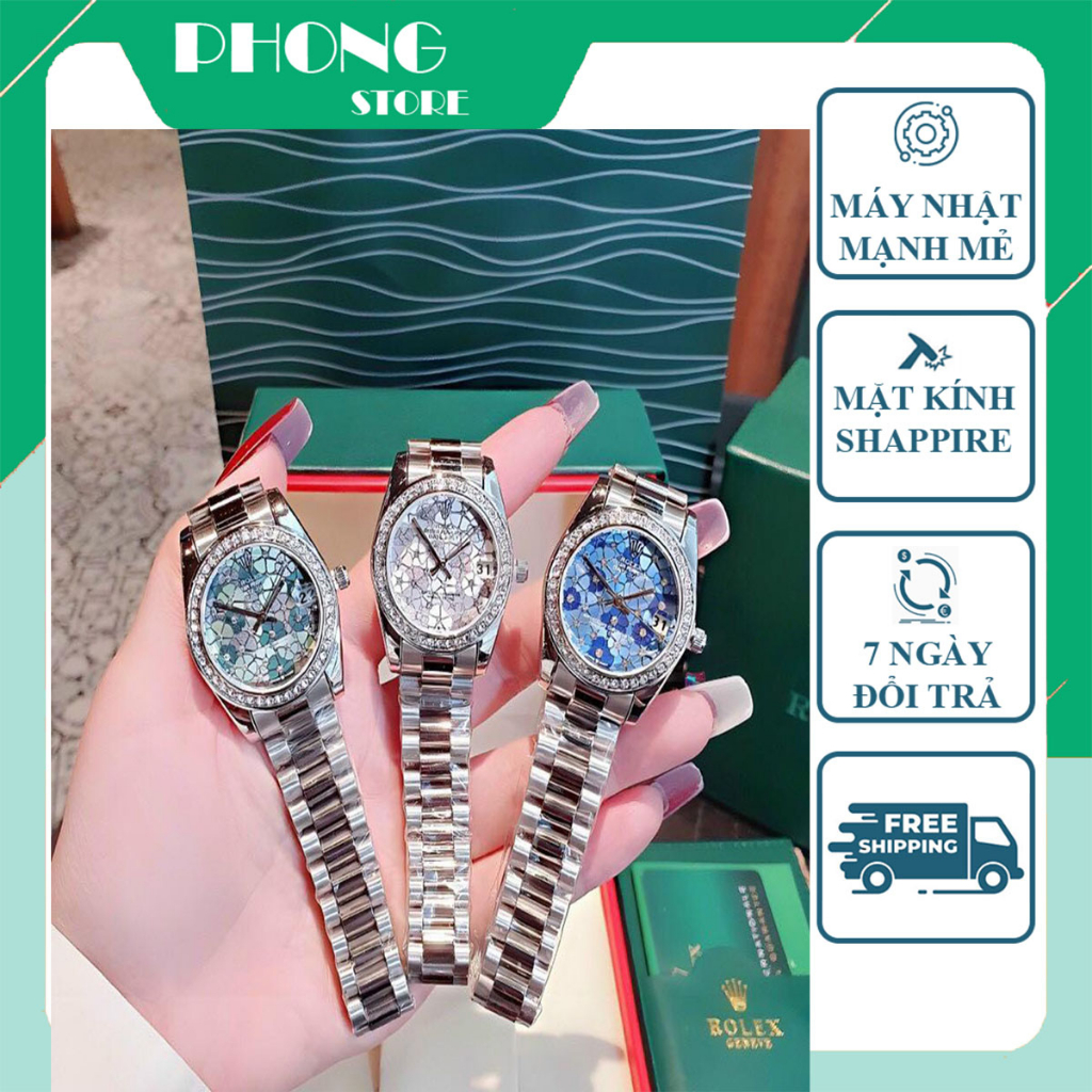 Đồng hồ nữ máy nhật, kính shaphire, chống nước, mặt đính hạt size 32mm, dây hợp kim đúc CAO CẤP