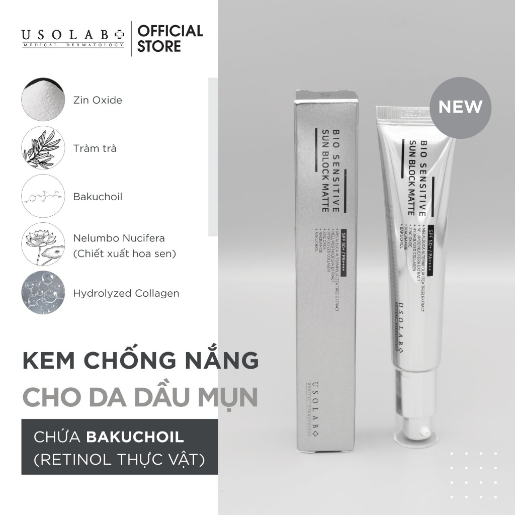 Kem chống nắng cho da dầu mụn Sun Block Matte USOLAB - Giúp kiềm dầu, nâng tone sáng da bảo vệ da với SPF 50+ 50ml