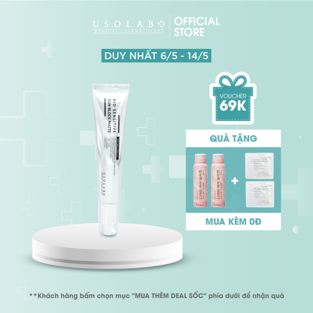 Kem chống nắng cho da dầu mụn Sun Block Matte USOLAB - Giúp kiềm dầu, nâng tone sáng da bảo vệ da với SPF 50+ 50ml