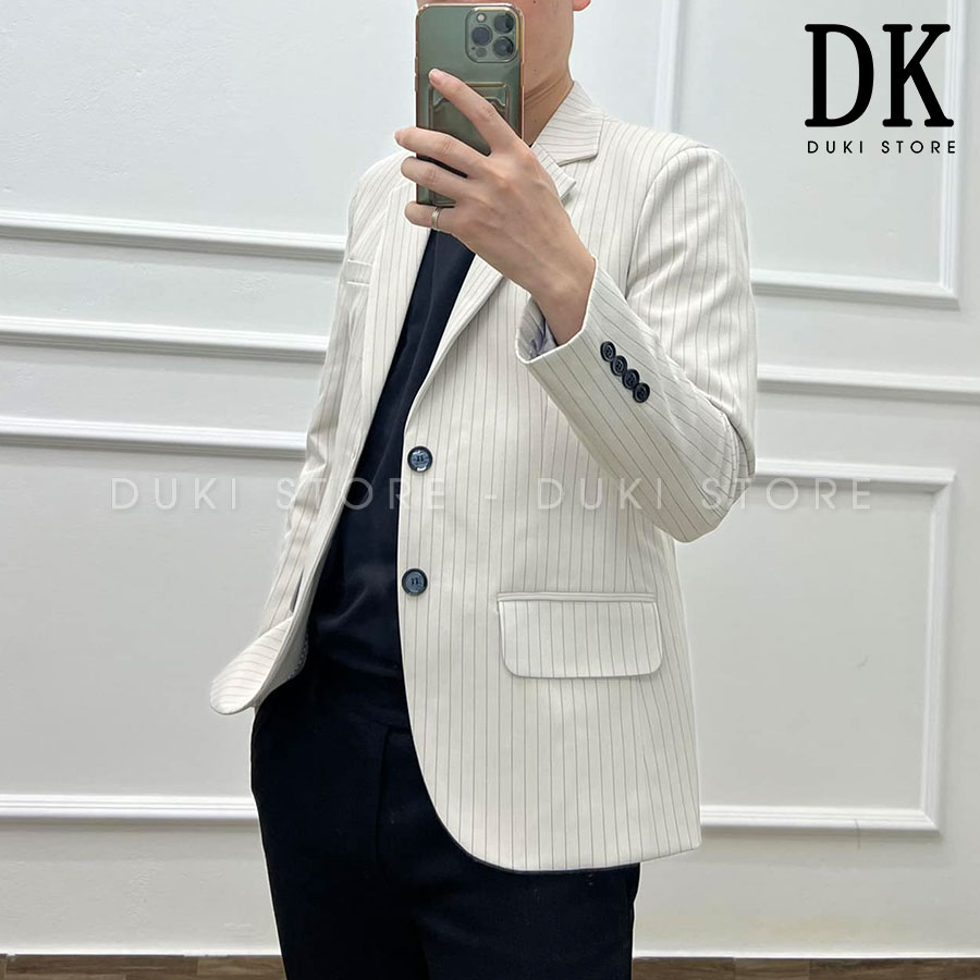 Áo vest nam, áo blazer nam 2 nút Hàn Quốc sọc kẻ màu trắng ghi đẹp ADK0008 - DUKI STORE