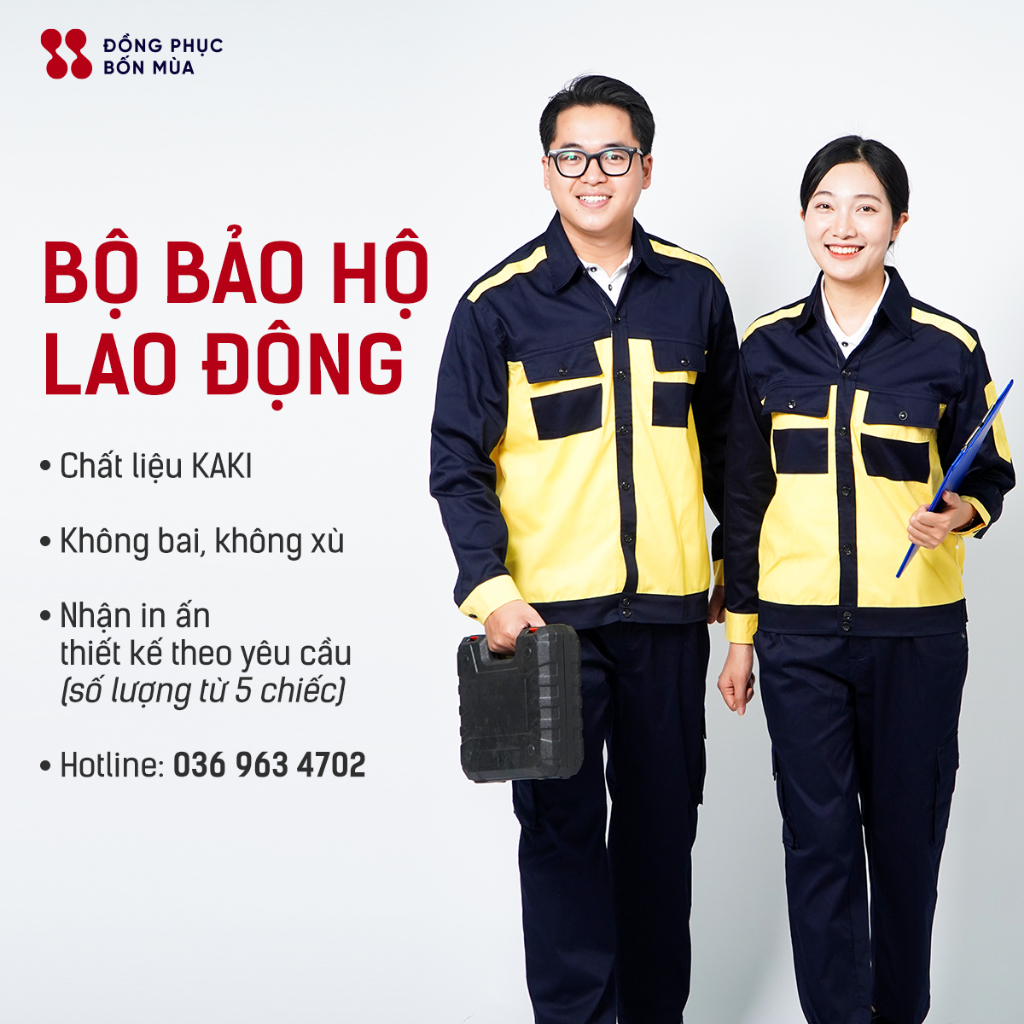 Bộ bảo hộ lao động nam nữ túi hộp chất vải kaki cao cấp màu vàng phối xanh than thương hiệu Đồng Phục Bốn Mùa