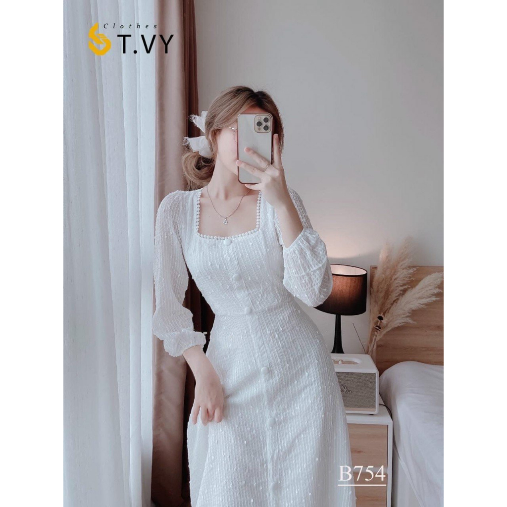 Đầm dự tiệc đầm trắng cổ vuông tay phồng dáng dài Manet Dress