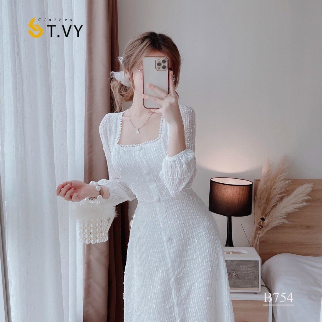 Đầm dự tiệc đầm trắng cổ vuông tay phồng dáng dài Manet Dress