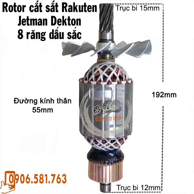 Rotor cắt sắt Rakuten - CLASSIC 8 Răng Thân 55mm Dài 192mm dây đồng 220V - Tặng chổi than