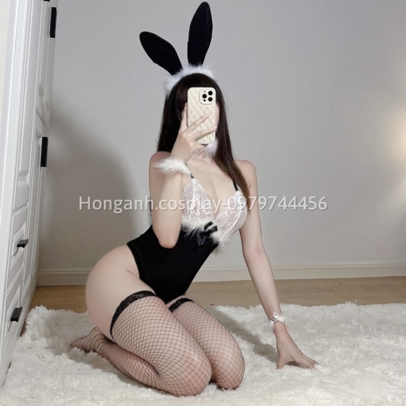 C23 bodysuit jumpsuit bộ liền thân cosplay hoá trang nhập vai thỏ Bunny girl đen dây chéo lưng sexy gợi cảm clip thật