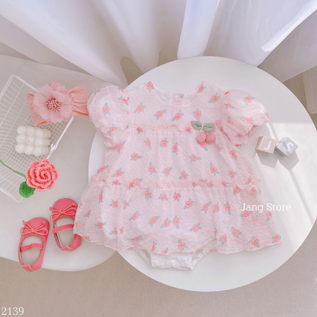 Body váy hồng voan hoa tay bồng đính cherry 2139