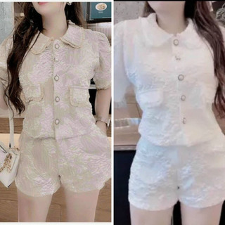 Sét bộ nữ áo cổ bẻ tay ngắn kết cúc cao cấp kèm quần short đẹp tinh tế sành điệu, set bộ đồ nữ gấm hoa  T371