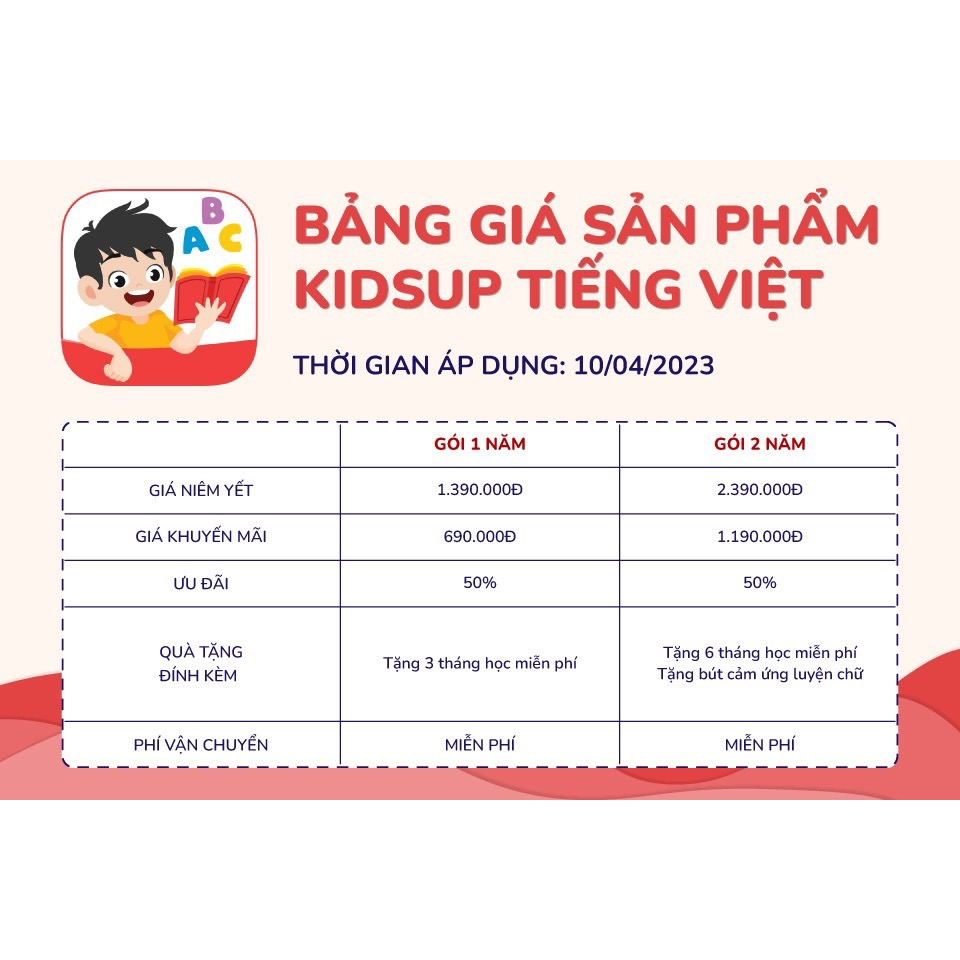 KidsUP Tiếng Việt - Evoucher Mã học Ứng dụng tiền tiểu học dành cho trẻ 4-10 tuổi Kids Up Tiếng Việt [Toàn quốc]