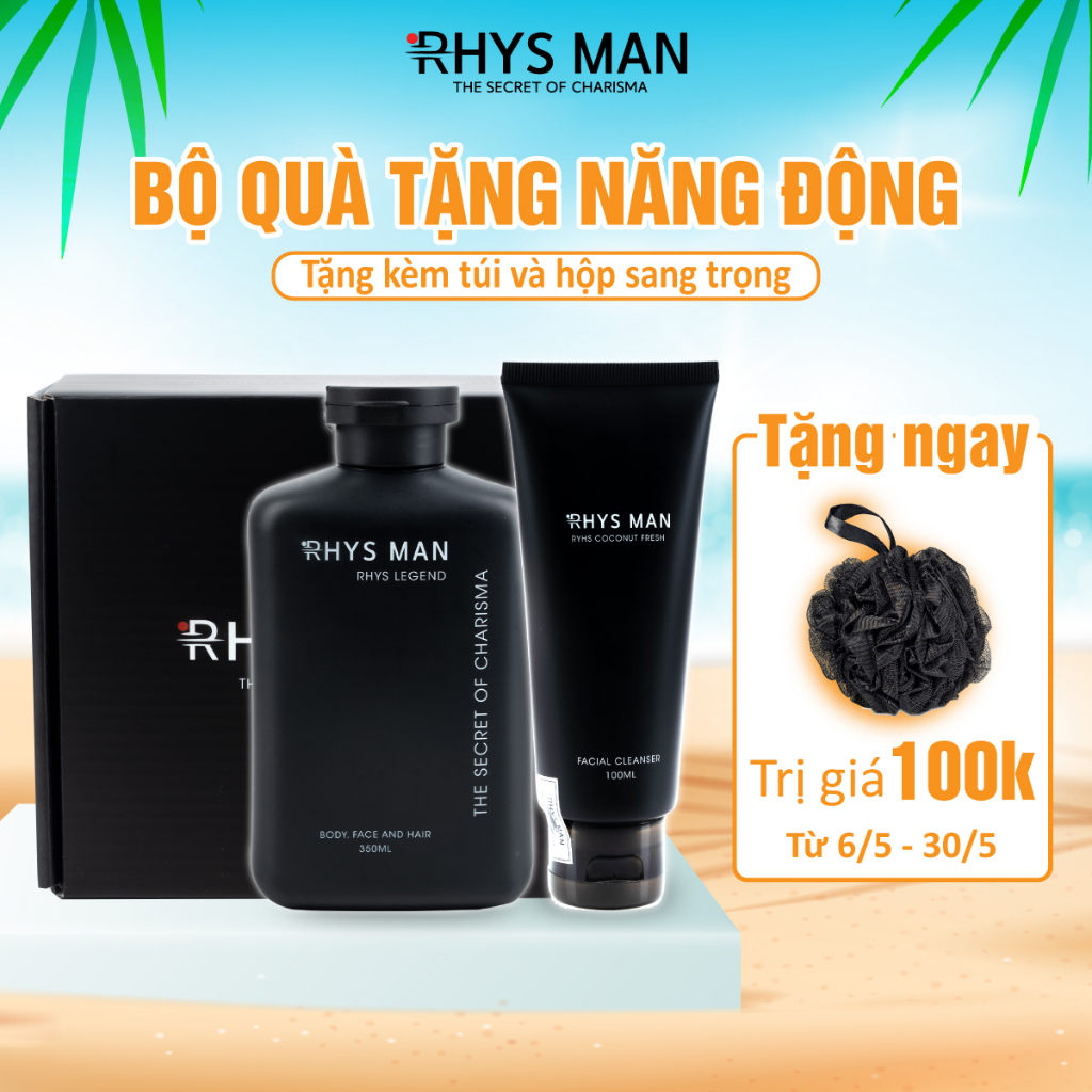 Bộ quà tặng Sữa tắm gội nam Rhys Legend hương nước hoa 350 ml & Sữa rửa mặt hương dừa Rhys Coconut Fresh 100ml