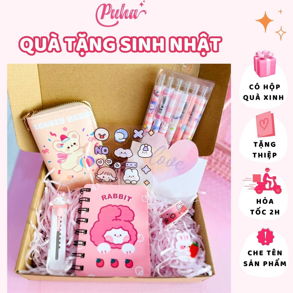 Quà tặng sinh nhật bạn gái, combo hộp quà sinh nhật học sinh 8 món theo tông màu hồng dễ thương