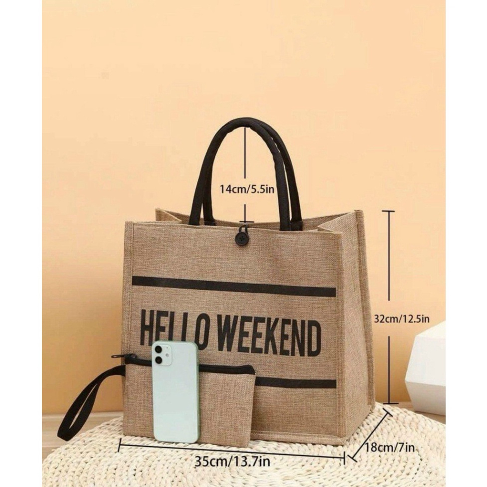 Túi Cói Kèm Ví Hello Weekend Mẫu Mới FREESHIP Túi cói đi biển du lịch phong cách Hàn Quốc,Sang chảnh