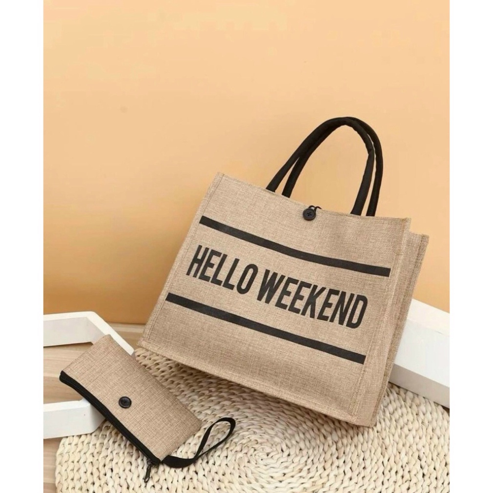 Túi Cói Kèm Ví Hello Weekend Mẫu Mới FREESHIP Túi cói đi biển du lịch phong cách Hàn Quốc,Sang chảnh