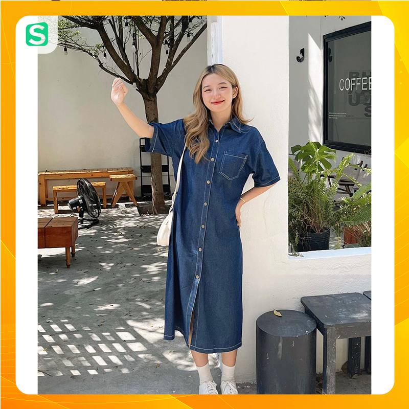 Đầm Váy Sơ Mi Denim Cúc Bấm Dáng Dài Hàng Quảng Châu M3032 - TT Korean