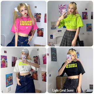 (ORDER) Áo croptop thun in chữ Lunes bo chun eo nổi bật chun eo cá tính (ảnh thật)