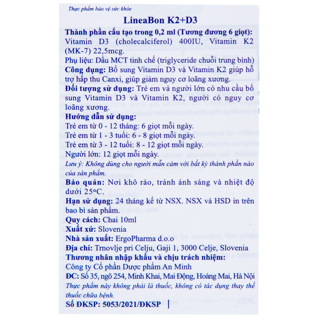 LineaBon vitamin D3 K2 10ml - Vitamin tăng chiều cao cho bé chính hãng