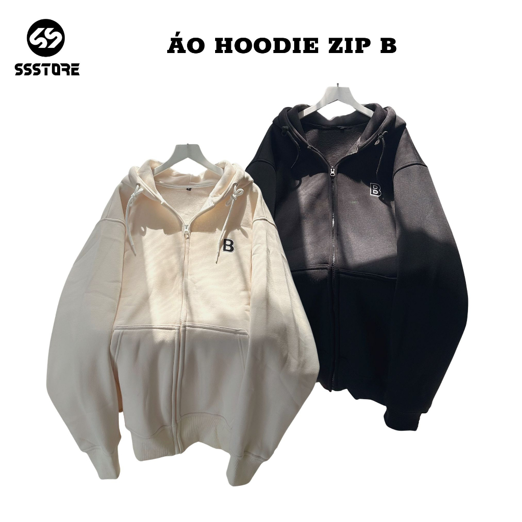 Áo hoodie zip chữ B nỉ lót bông dày dặn mũ 2 lớp 2 màu form rộng unisex nam nữ_SSSTore