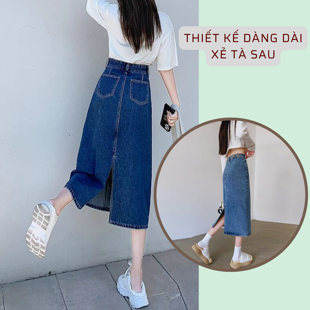 Chân Váy Jean dáng dài, chân váy bò xẻ tà sau thiết kế chữ A lưng cạp cao màu xanh đậm, xanh nhạt siêu thời trang