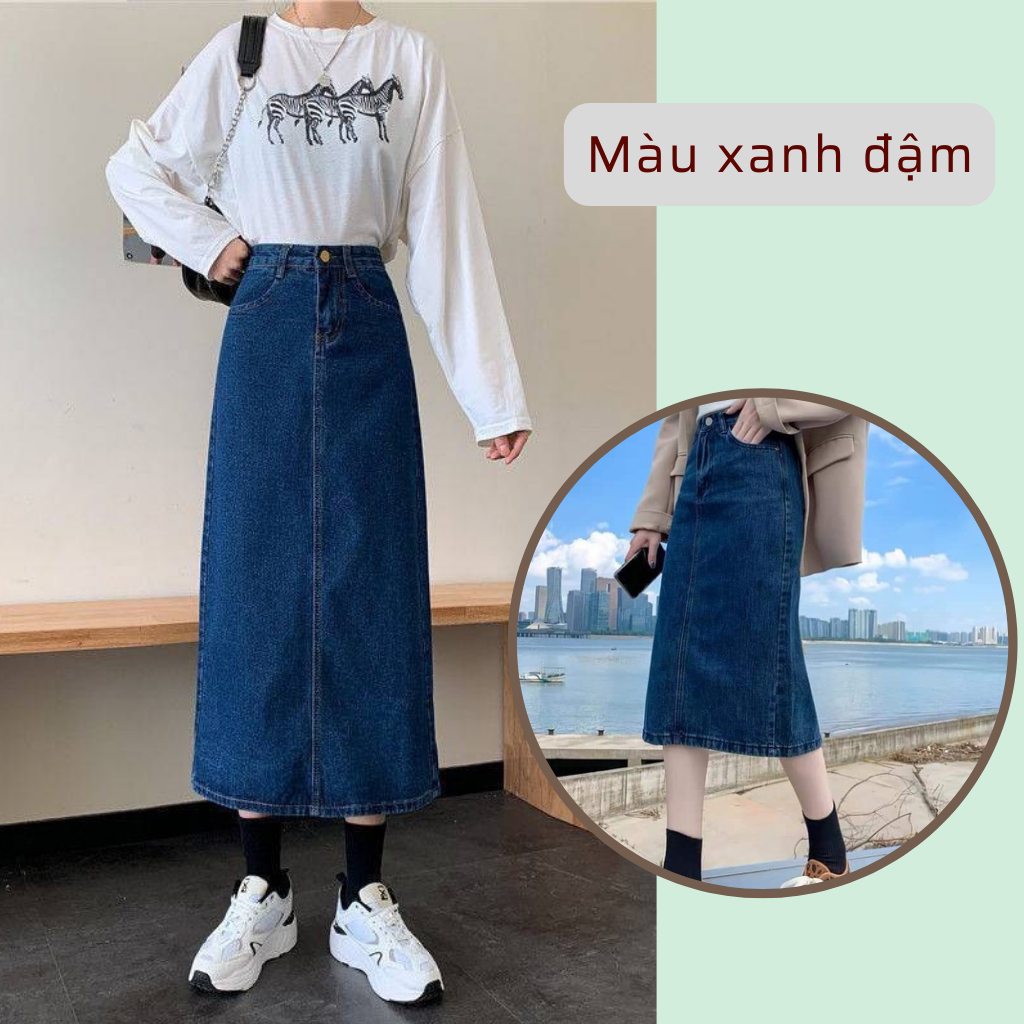 Chân Váy Jean dáng dài, chân váy bò xẻ tà sau thiết kế chữ A lưng cạp cao màu xanh đậm, xanh nhạt siêu thời trang