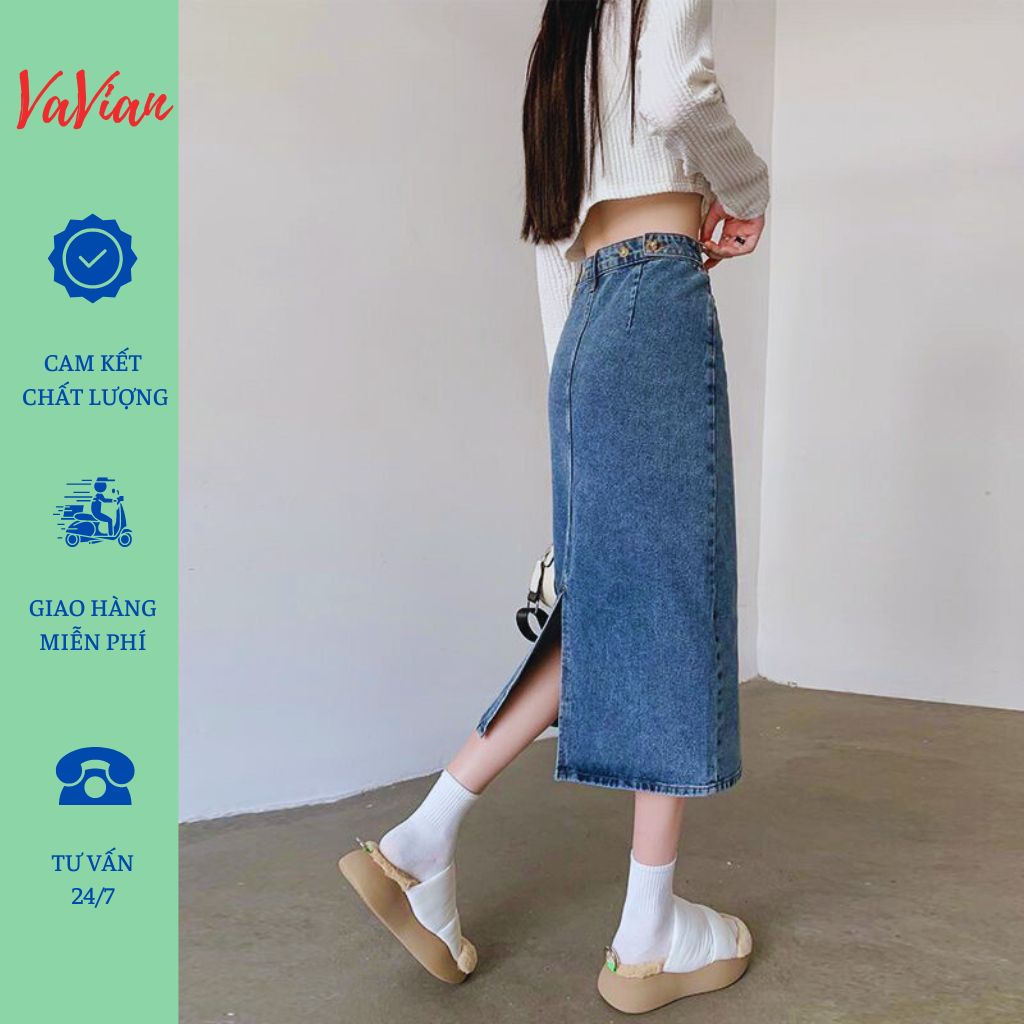 Chân Váy Jean dáng dài, chân váy bò xẻ tà sau thiết kế chữ A lưng cạp cao màu xanh đậm, xanh nhạt siêu thời trang