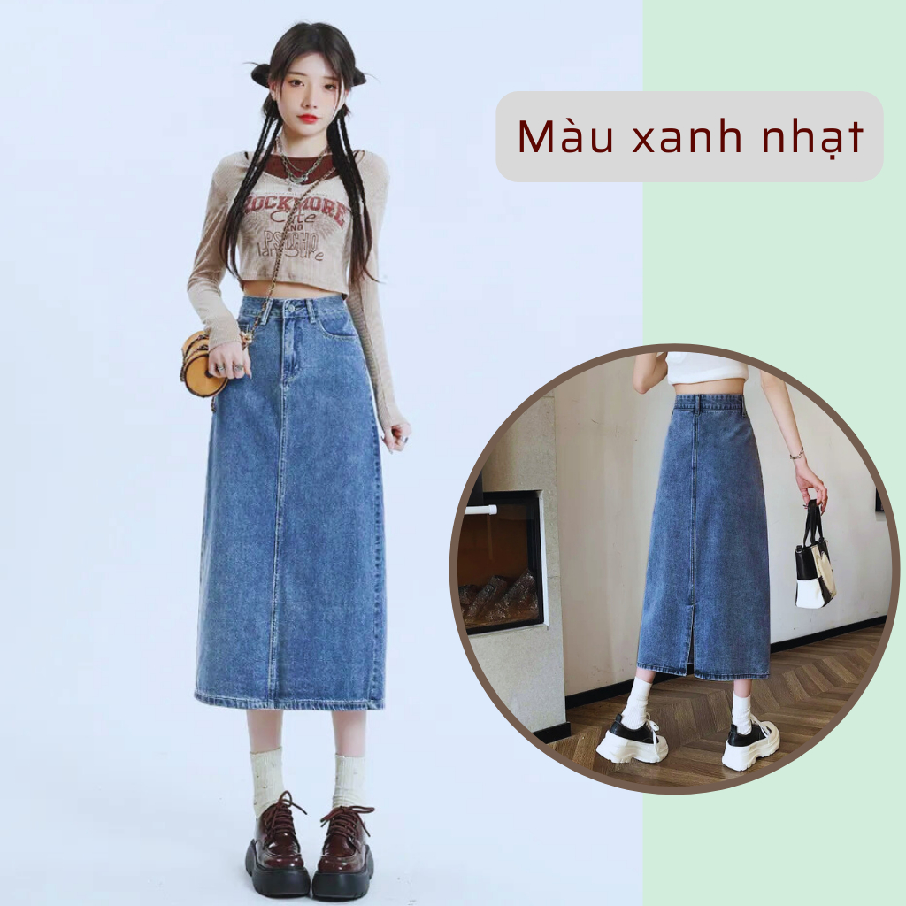 Chân Váy Jean dáng dài, chân váy bò xẻ tà sau thiết kế chữ A lưng cạp cao màu xanh đậm, xanh nhạt siêu thời trang
