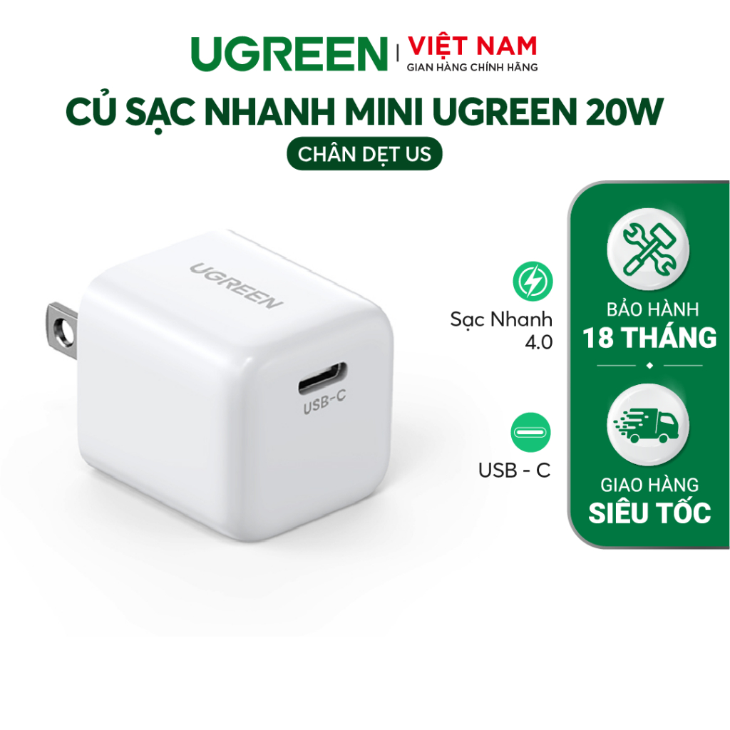 Củ sạc nhanh mini UGREEN 20W CD241 cổng USB C |Sạc nhanh PD| Quick Charge 4.0 3.0|Bảo hành 18 tháng 1 đổi 1 10219 10220