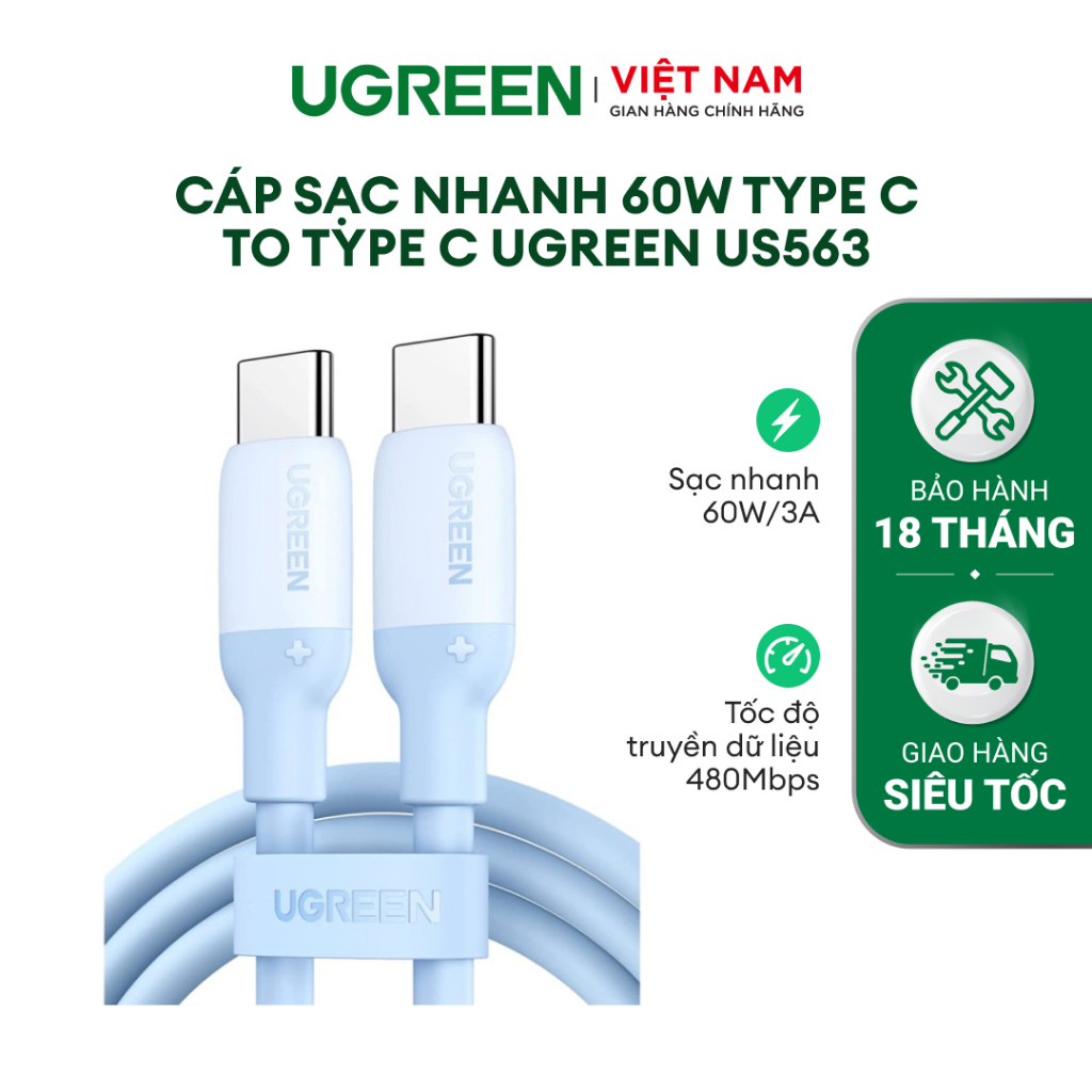 Cáp sạc nhanh 60W Type C to Type C UGREEN US563 | Sạc nhanh 60W/3A | Chất liệu silicon mềm mại | Bảo Hành 18 Tháng1 Đổi