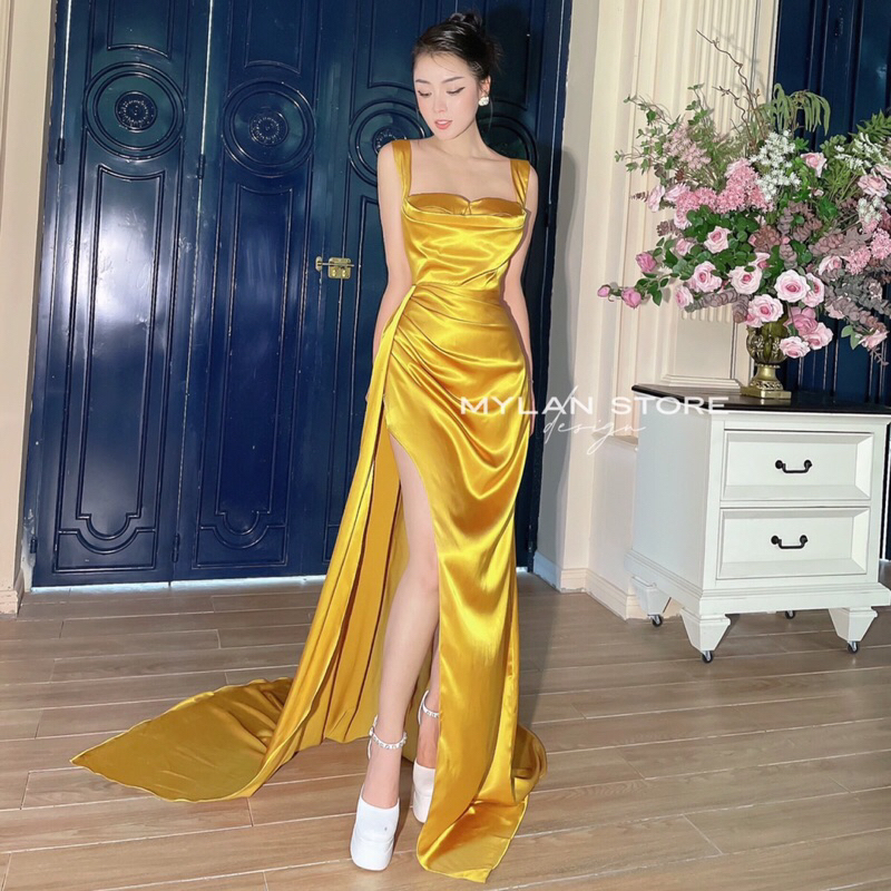 Đầm dạ hội phi lụa hai dây tà dài cao cấp-ML