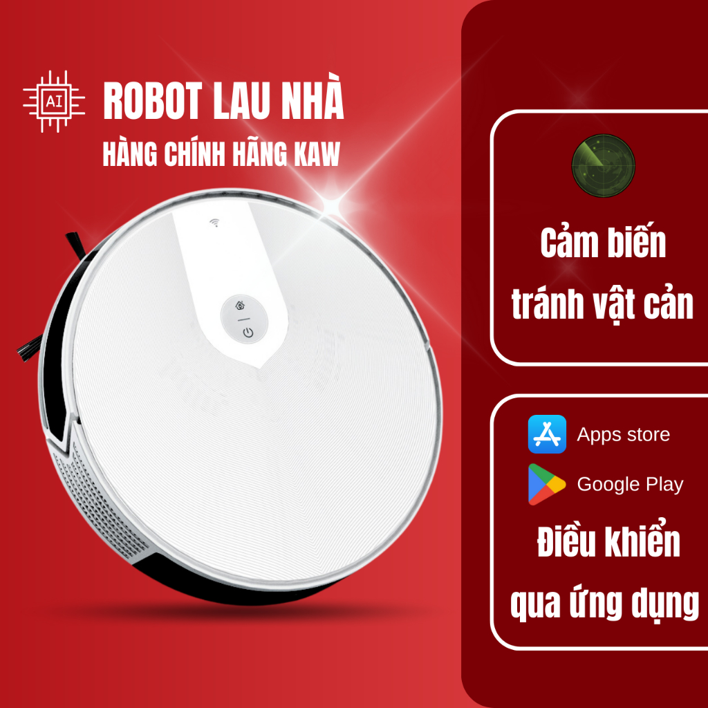 Robot hút bụi lau nhà thông minh KAW - Hàng Chính Hãng, Cảm Biến Chướng Ngại Vật, Công Suất Hút Lớn và Bền Bỉ