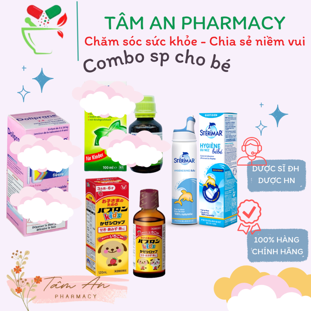 Combo sản phẩm chăm sóc bé từ sơ sinh (Xịt mũi cá heo Sterima, siro ho Đức, siro hạ_sốt Doli_prane Pháp, ho chó mèo)