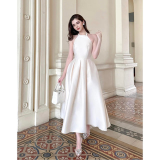 Đầm nữ tapta cổ yếm chiết eo dáng xòe cho nàng dự tiệc siêu sang chảnh