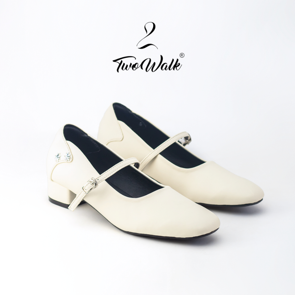 TWOWALK: Starry Dream - Giày Nữ Mary Jane Da Microfiber Cao Cấp - Màu Kem/ Đen - 3cm