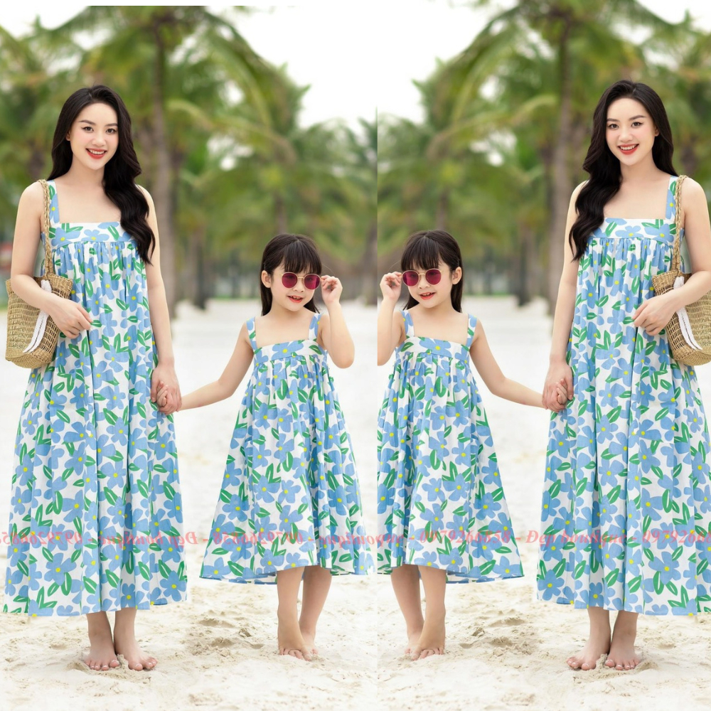 Váy đôi mẹ và bé hai dây đi biển mùa hè - váy maxi mẹ và bé gái