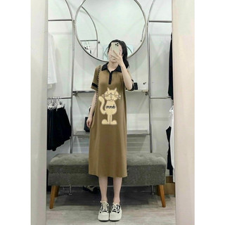 Váy suông nữ cổ polo mèo cộc tay, đầm suông cổ bẻ dáng dài kiểu hàn quốc