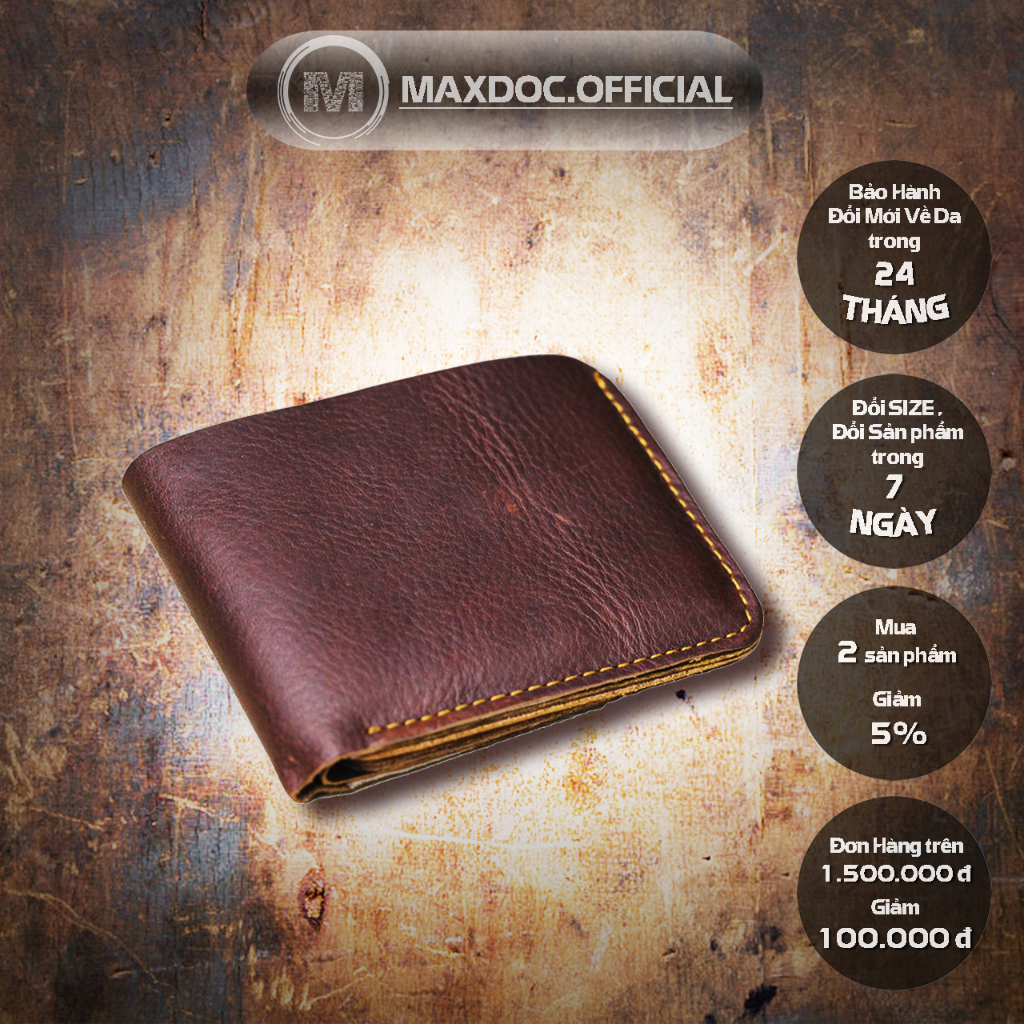 Ví Nam V106 MAXDOC Chất Liệu Da Thật Kích Thước Nhỏ Ngọn 8x11 cm Màu Nâu Mận