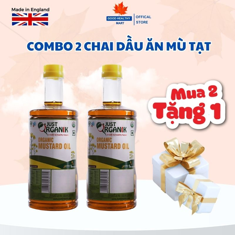 COMBO 2 Chai Dầu Ăn Mù Tạt Không Cay Không Mùi Hăng Hữu Cơ Just Organik Nhập Khẩu Ấn Độ 1L