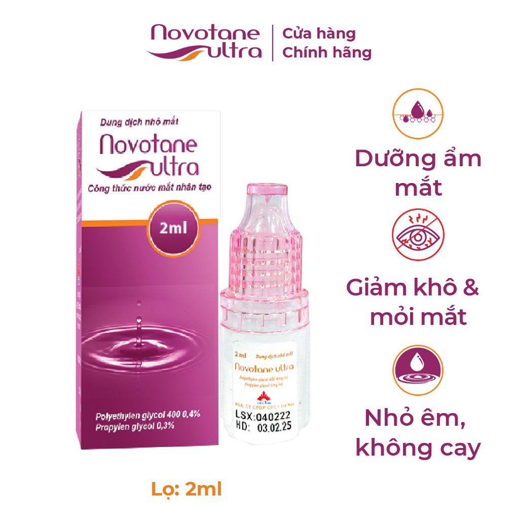 Nước nhỏ mắt nhân tạo mini Novotane Ultra 2ml, nước nhỏ mắt cấp ẩm cho mắt đeo lens/trang điểm