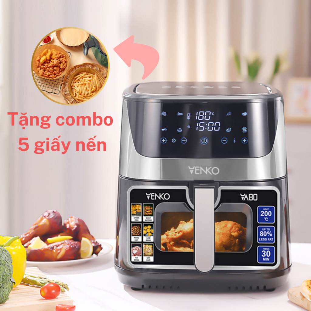 Nồi chiên không dầu VENKO VA80 Nhật Bản 10,5L - giảm 80% lượng dầu mỡ, nướng nguyên 2 con gà, Chiên khoai tây