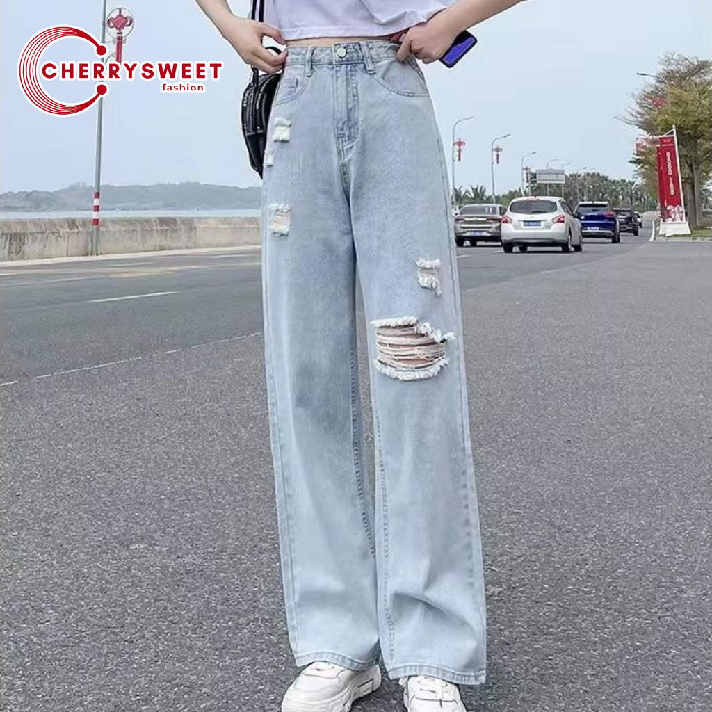 Quần jean nữ ống rộng rách gối CHERRYSWEET dáng suông màu xanh nhạt chất vải bò xịn phong cách Hàn Quốc dễ phối đồ T058