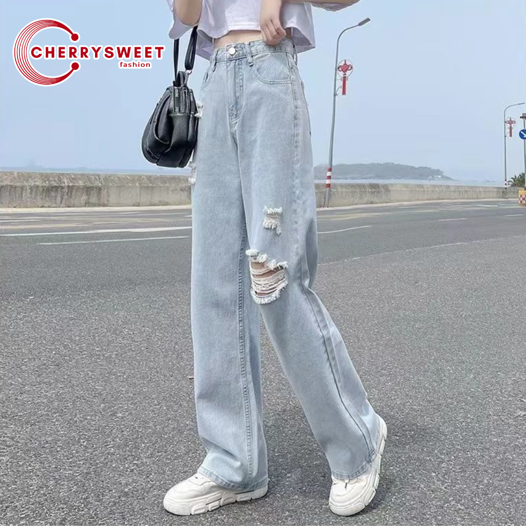 Quần jean nữ ống rộng rách gối CHERRYSWEET dáng suông màu xanh nhạt chất vải bò xịn phong cách Hàn Quốc dễ phối đồ T058
