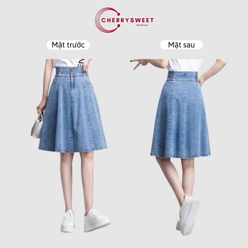 Chân váy jean nữ dáng lửng CHERRYSWEET kiểu chữ a 2 cúc trước cạp có chun phong cách Hàn Quốc chất bò dễ phối đồ T057