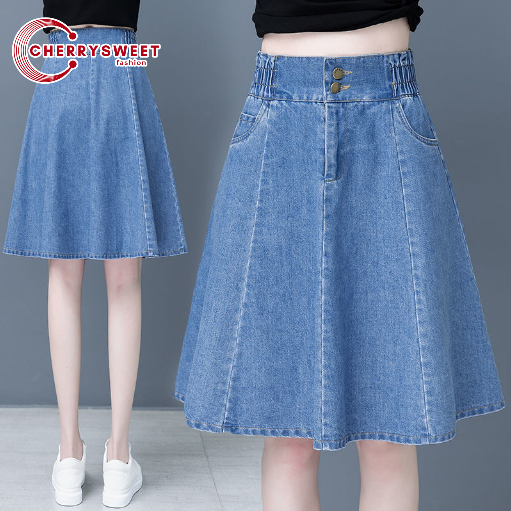 Chân váy jean nữ dáng lửng CHERRYSWEET kiểu chữ a 2 cúc trước cạp có chun phong cách Hàn Quốc chất bò dễ phối đồ T057