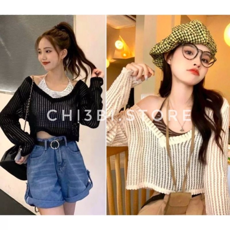 Set áo lưới Cổ tim mix Yếm thun gân croptop