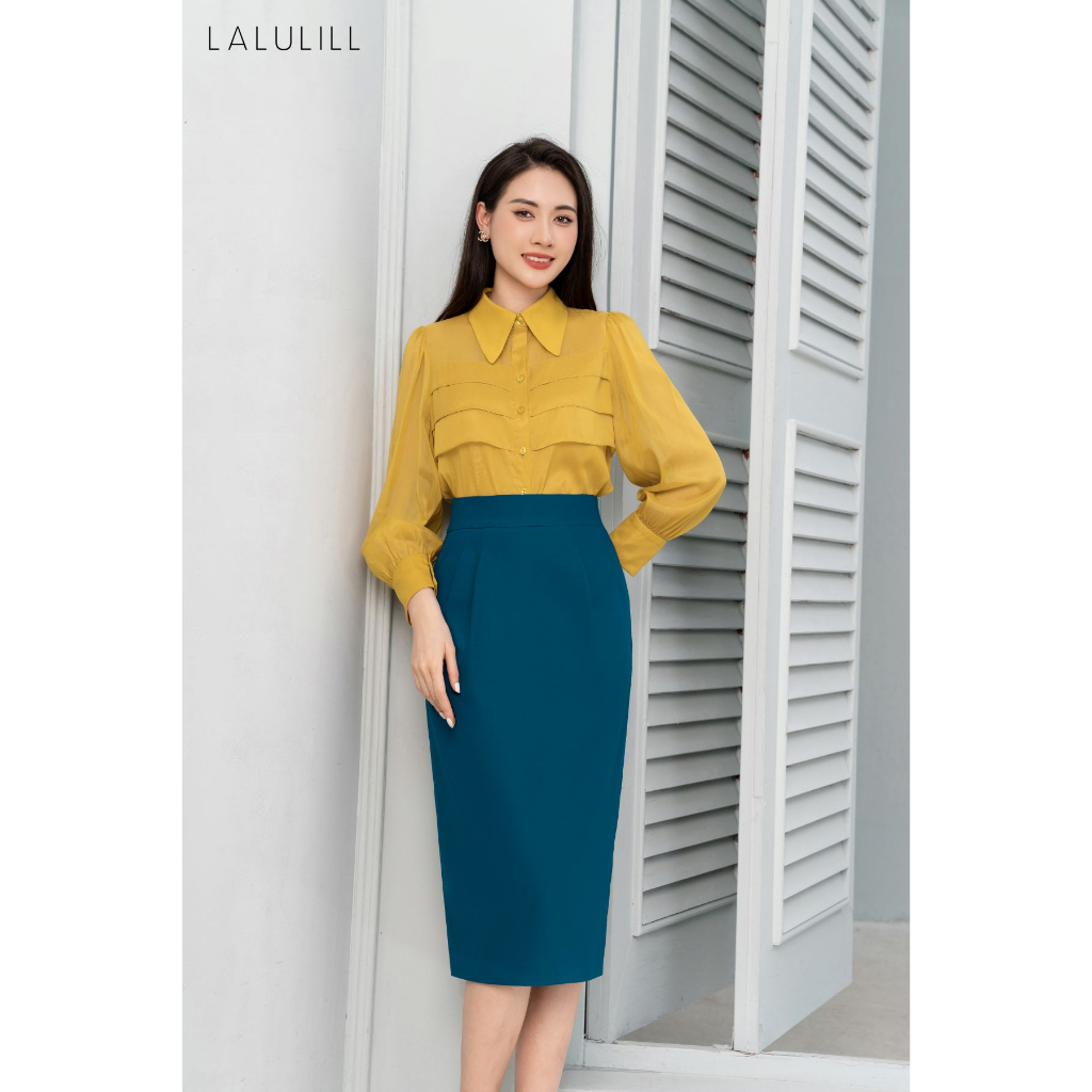 Áo sơ mi công sở LALULILL tơ óng vàng cam LSM2269601