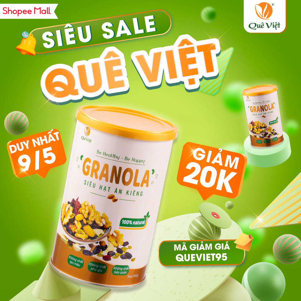 Granola siêu hạt ngũ cốc ăn kiêng Quê Việt, nguyên liệu hữu cơ - 1 hộp x 500g