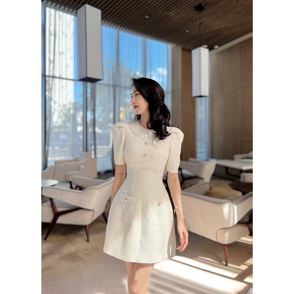 Đầm thiết kế Bling Dress cao cấp, Váy chữ A màu kem sang trọng kiểu dáng lịch thiệp