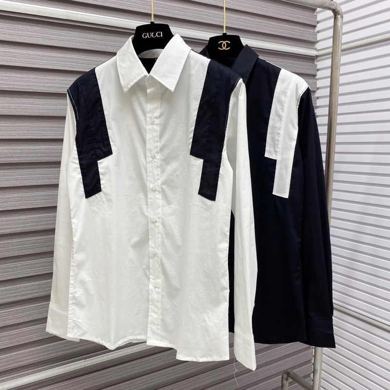 Áo sơ mi kiểu nam dài tay cotton thô phối vạch sọc đen trắng hai vai phong cách boy phố