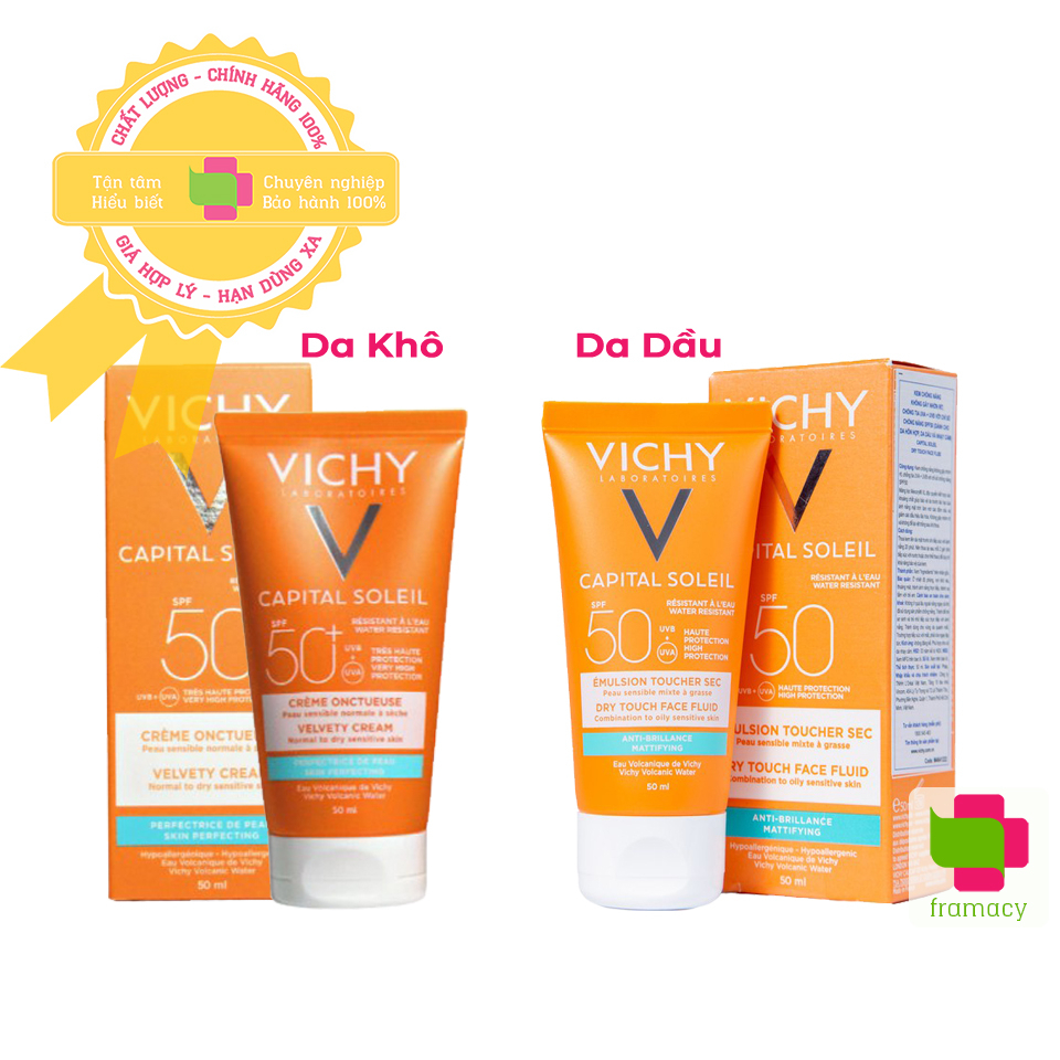 Kem chống nắng Vichy Capital Soleil SPF50, Pháp (50ml) thoáng nhẹ không bóng dầu cho da dầu, da khô