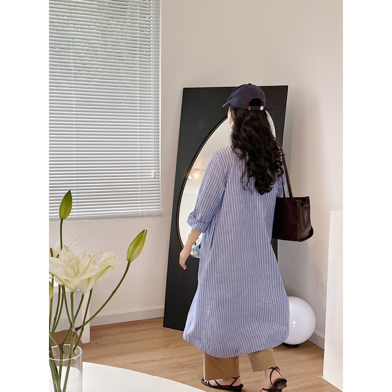 Nimi - Váy sơ mi cổ nhọn dáng rộng Simple loose shirt dress